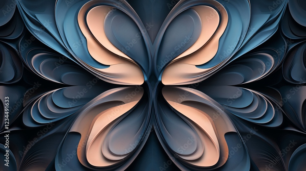 Poster abstract symmetrical design featuring flowing curves and a blend of blue and tan shades with a delic