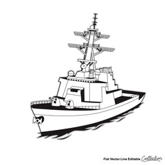 Black and white military warship, flat vector illustration
