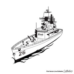 Obraz premium Black and white military warship, flat vector illustration