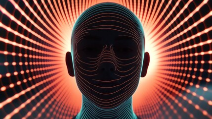 Digital face in glowing tunnel, AI concept, future tech
