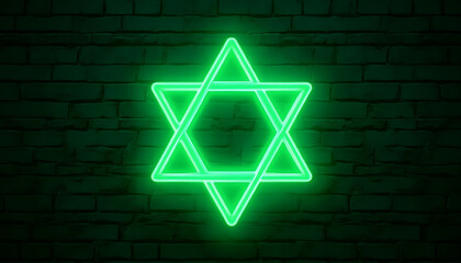 Bright green neon Star of David glowing on a dark black 