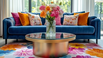 A bright, vibrant living room with colorful decor, flowers, and a modern aesthetic. Perfect for home and lifestyle themes.