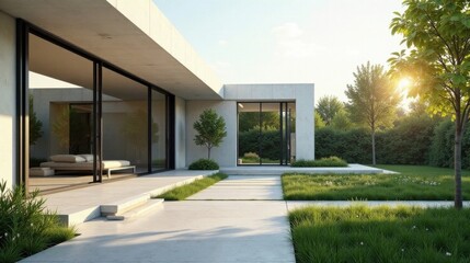 Modern Minimalist Home Exterior with Expansive Glass Walls and Landscaped Gardens at Sunset
