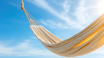 Relaxing hammock swing, sunny beach sky. Vacation travel