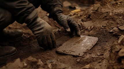 Archaeologist excavating ancient tile, dig site, blurred background