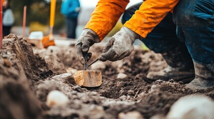 Fototapeta premium Archaeologist excavating artifact, urban dig site, teamwork background, historical research