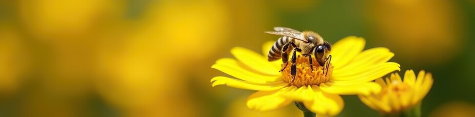A delicate honeybee collects nectar from a bright yellow and golden flower, sunny, wildlife, golden flower