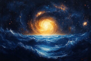 Obraz premium Galaxy rises above ocean waves, celestial art for use as a background or poster