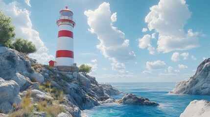 Scenic View of Small Lighthouse on Rocky Outcrop by the Sea