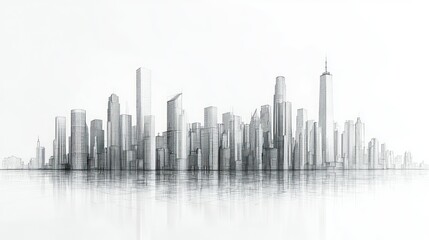 Fototapeta premium Modern city skyline reflecting on water, white background, architectural render