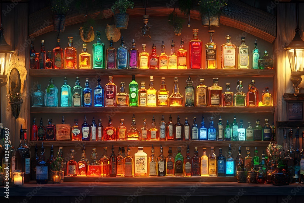Poster a large wooden shelf filled with an array of colorful liquor bottles, dimly lit by overhead lights, 