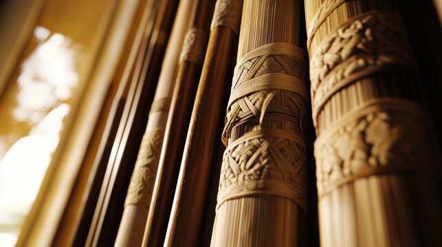 Ornate bamboo blinds, close-up, sunlight, interior decor