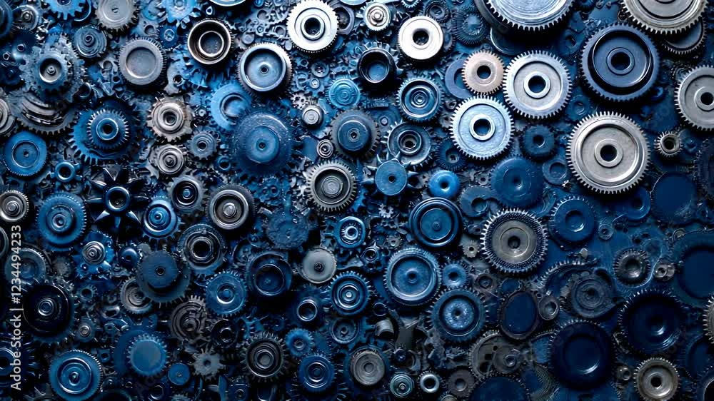 Poster abstract background of various sized dark and light blue gears. close up view of metallic cogs formi