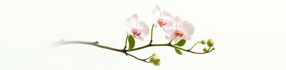 Naklejka premium A delicate orchid branch with curved stems and lush green leaves against a soft white background, nature, isolated