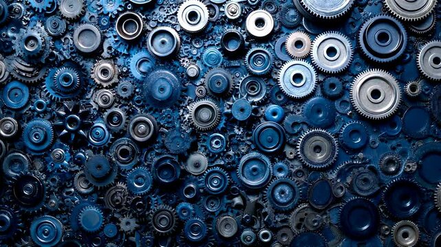 Abstract background of various sized dark and light blue gears. Close up view of metallic cogs forming a dense, textured pattern. Deep blue tones