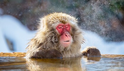 Naklejka premium 温泉に入っている猿