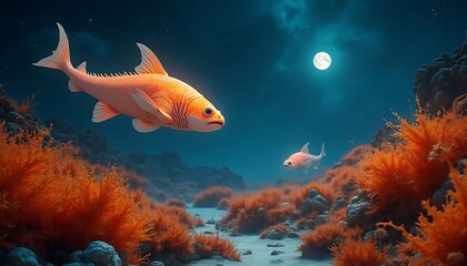 Fototapeta premium Lunarlit Reef: Orange Fish Swim Through Serene Underwater Scene