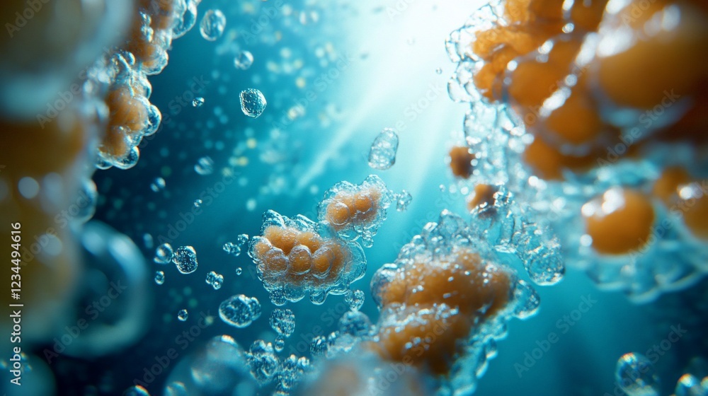 Poster abstract microscopic view of biological cells or molecules in a fluid environment