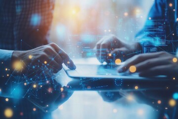 Two people collaborate on a digital tablet, data visualization projected onto the screen.