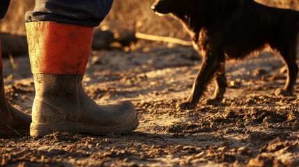 Farmer's muddy boots, dog nearby, rural sunset, fieldwork
