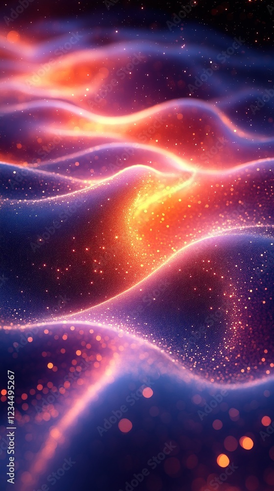 Poster glowing wavy surface with particles in a dark space, for abstract backgrounds