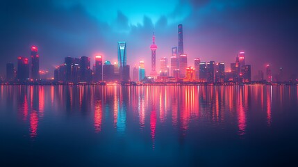 Fototapeta premium Vibrant cityscape skyline reflected in calm water at night.