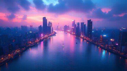 Fototapeta premium Cityscape at dawn, river reflecting city lights, hazy sky.