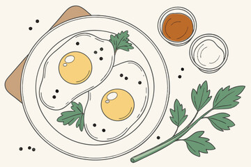 Sunny side up eggs, crispy edges, golden yolks, white plate, overhead view, minimalist breakfast, herb garnish, parsley leaves, black pepper specks, high-resolution food photography, clean backgrou