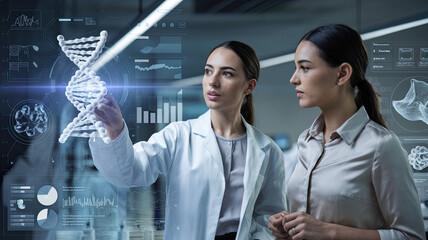 Two Women in a Modern Laboratory, One in White Lab Coat Pointing at Digital Holographic DNA Display, the Other Observing Intently, Surrounded by Technological Interfaces, Charts, and Research Data