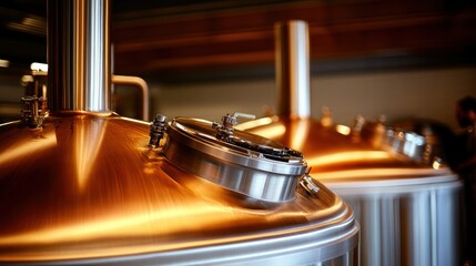 Copper brewery tanks brewing beer in a craft brewery
