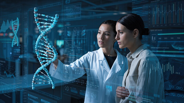 Two Women in a Modern Laboratory, One in White Lab Coat Pointing at Digital Holographic DNA Display, the Other Observing Intently, Surrounded by Technological Interfaces, Charts, and Research Data