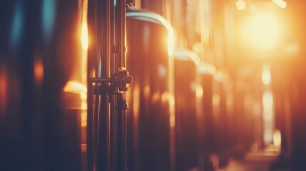 Obraz premium Sunset brewery fermenters, industrial production, brewing process
