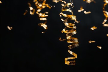 Obraz premium Golden Streamers Falling Against Dark Background for Celebration
