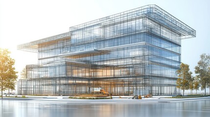 Modern glass office building exterior, city street, sunrise