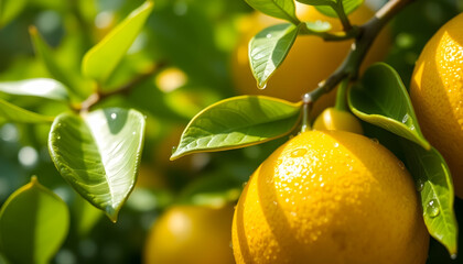 Vibrant yellow lemons, Sunlit citrus fruits, Glossy lemon skin, Green leaves, Dappled sunlight, Fresh orchard scene, Closeup fruit photography, Bright natural lighting, Textured lemon peel, Organic pr