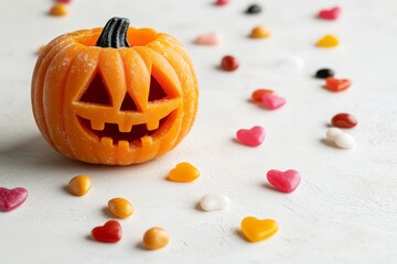 Halloween pumpkin decoration with candy on white background