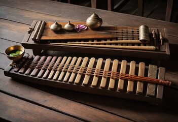 Naklejka premium Ancient Wooden Musical Instruments, Serene Asian Musical Harmony
