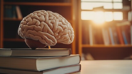 Human Brain Model on Stack of Books with Sunlight in Background