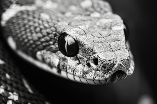 Mesmerizing close-up of a snake's eye and scales showcasing intricate details in black and white with high contrast
