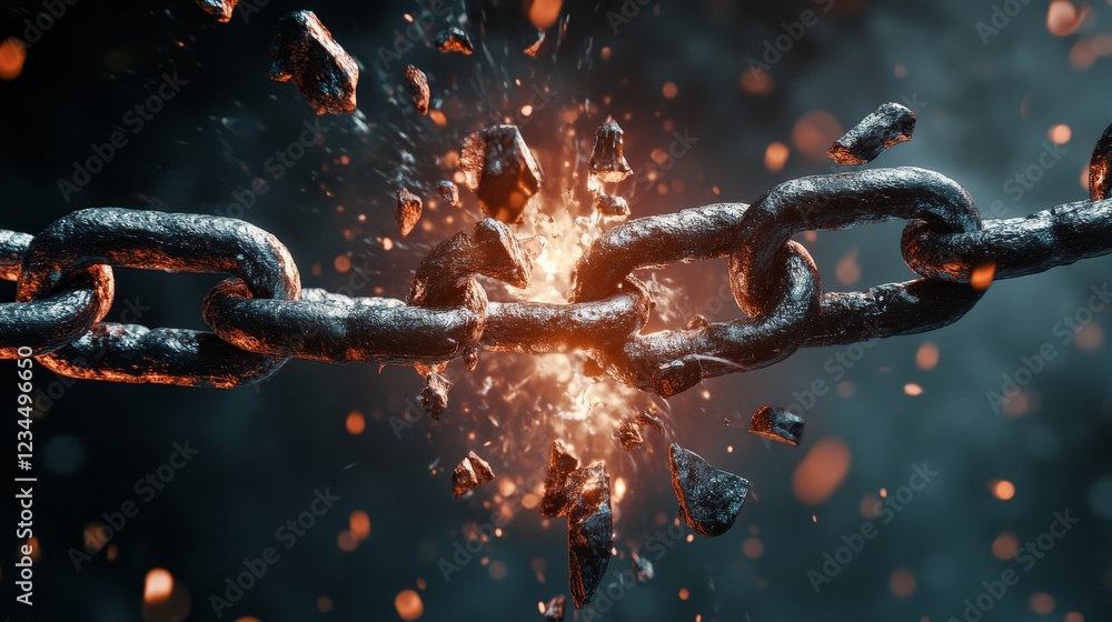 Poster breaking free dynamic chain destruction digital workshop visual art dark background close-up concept