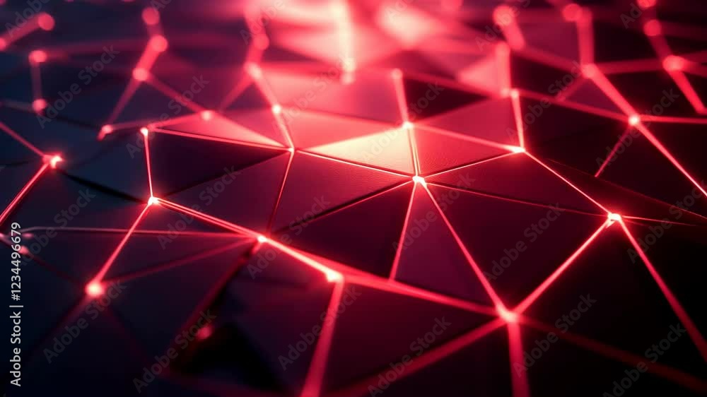 Poster abstract background with red glowing lines connecting dark triangular shapes. intricate network patt