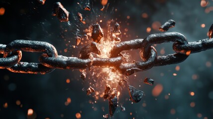 Breaking free dynamic chain destruction digital workshop visual art dark background close-up concept of liberation and power