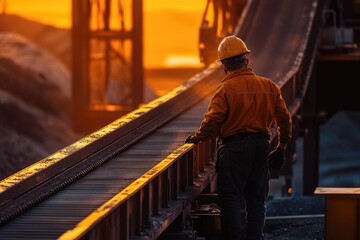 A worker inspecting the conveyor belt at an iron ore mine, illuminated by bright lights. The setting is outdoors in daylight with dark rocks and mud nearby. High-resolution photographic style.