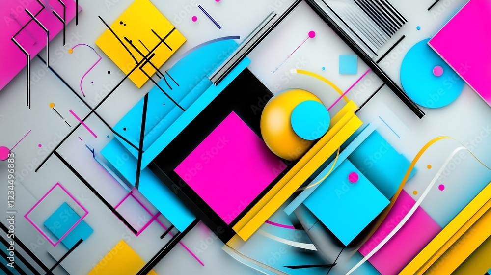 Poster abstract composition of geometric shapes with vibrant colors and linear accents creating a modern de