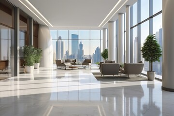 Modern and Spacious Office Interior with Large Windows Offering Scenic City Views and Abundant Natural Light in a Contemporary Style