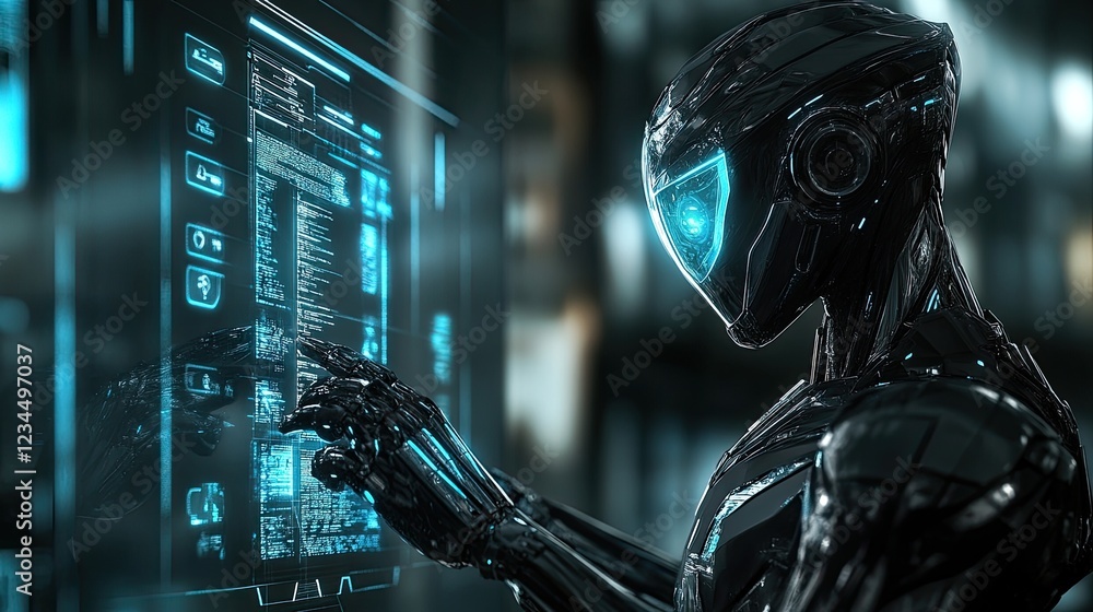Poster futuristic robot interacting with holographic interface in dark tech lab