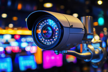 High-tech casino surveillance camera highlighting intricate lens design in a vibrant gaming environment