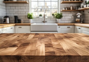 Empty wooden kitchen counter top with blurred background of modern kitchen.
