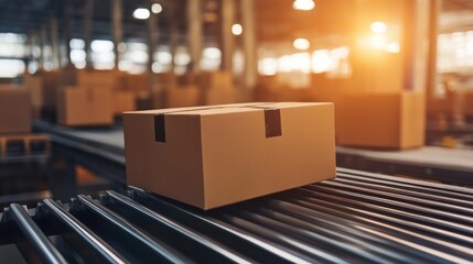 Cardboard box on conveyor belt, warehouse, logistics, shipping, background blurry