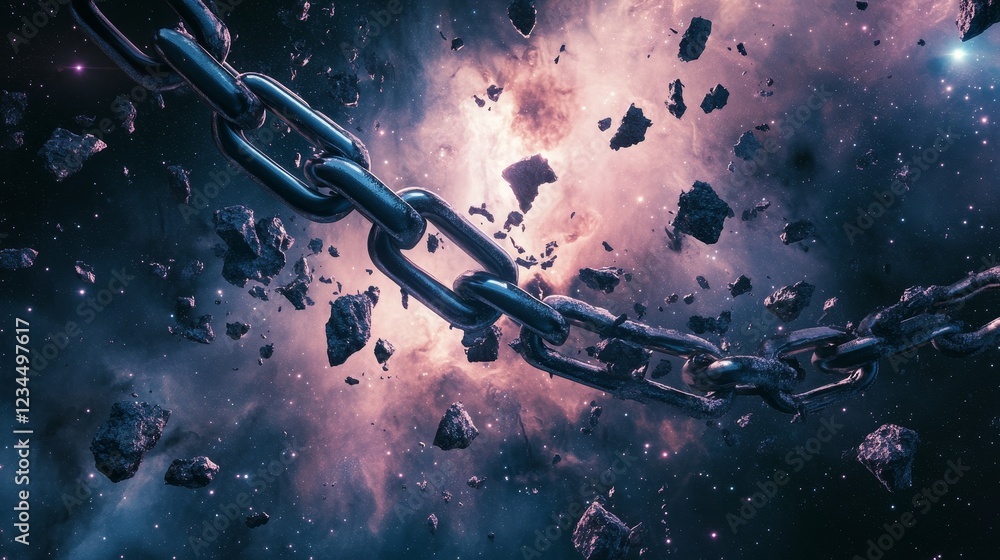 Poster epic cosmic chain breaking apart in a celestial realm interstellar space digital art composition viv